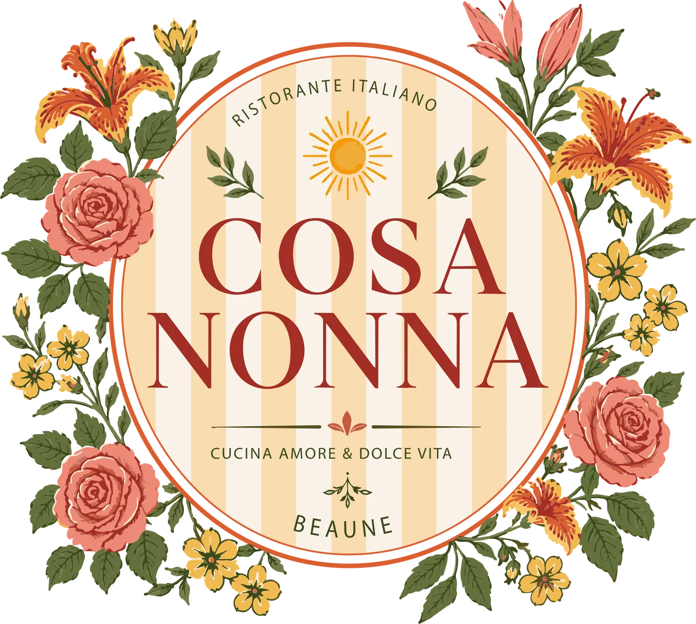 Logo Cosa Nonna : médaillon rayé entouré de roses, de lys et de fleurs jaunes, Ristorante italiano, Cucina amore & dolce vita, Beaune